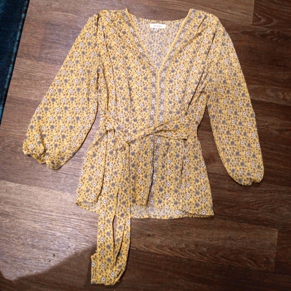 Max Studio Floral Yellow Wrap Top Size M
